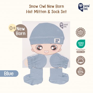 Snow owl R/S Newborn Hat Mitten&Socks Set หมวก,ถุงมือ,ถุงเท้า สีขาว สำหรับเด็กแรกเกิด - Blue